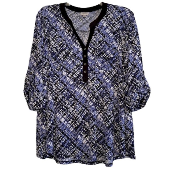 Avenue Tops - AVENUE Abstract Navy Blue Button Henley Blouse Tunic Black Top Plus Size 18/20